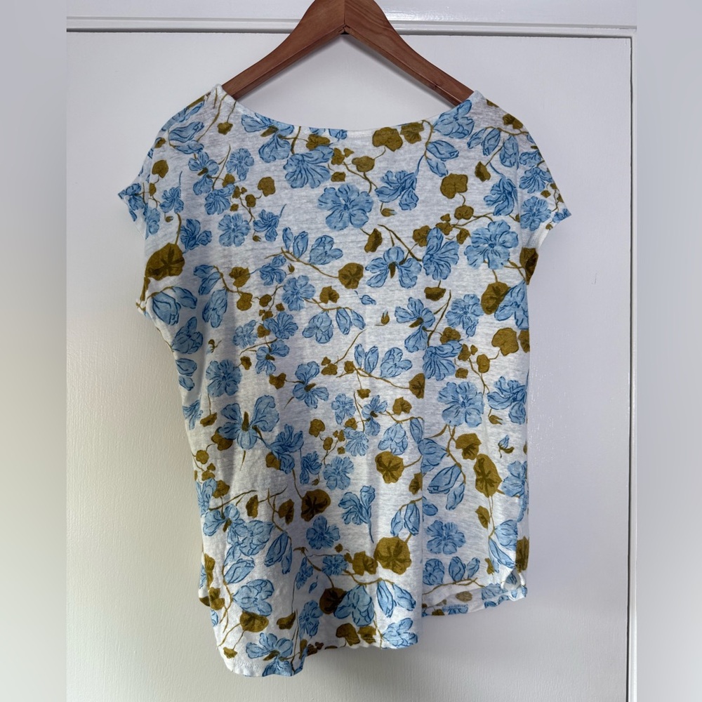 Joie 100% Linen Short Cap Sleeve Tee Blue Tan Floral on White Cropped Size XL - Picture 6 of 6